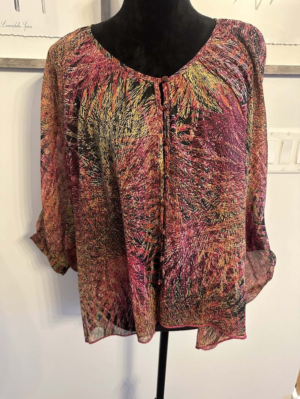 Liverpool LosAngeles Boho Floral Tunic Blouse SizeSmall Button Front Sheer Artsy